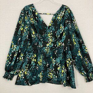 Torrid Green Yellow Faux Wrap Long Sleeve Feminine Blouse 1X